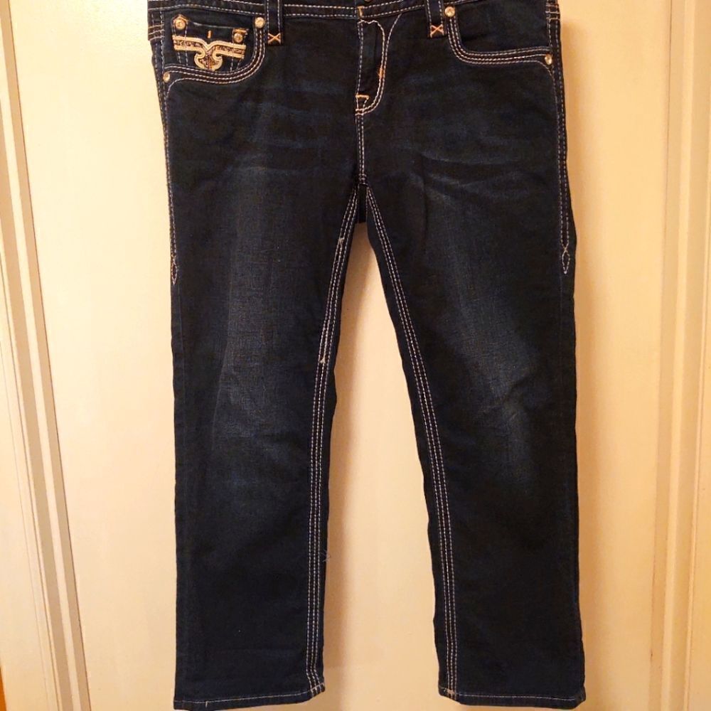 Rock Revival Betty Crop Sz 30 x 25 Bling Flap Faux Pocket Metallic Stitch EUC